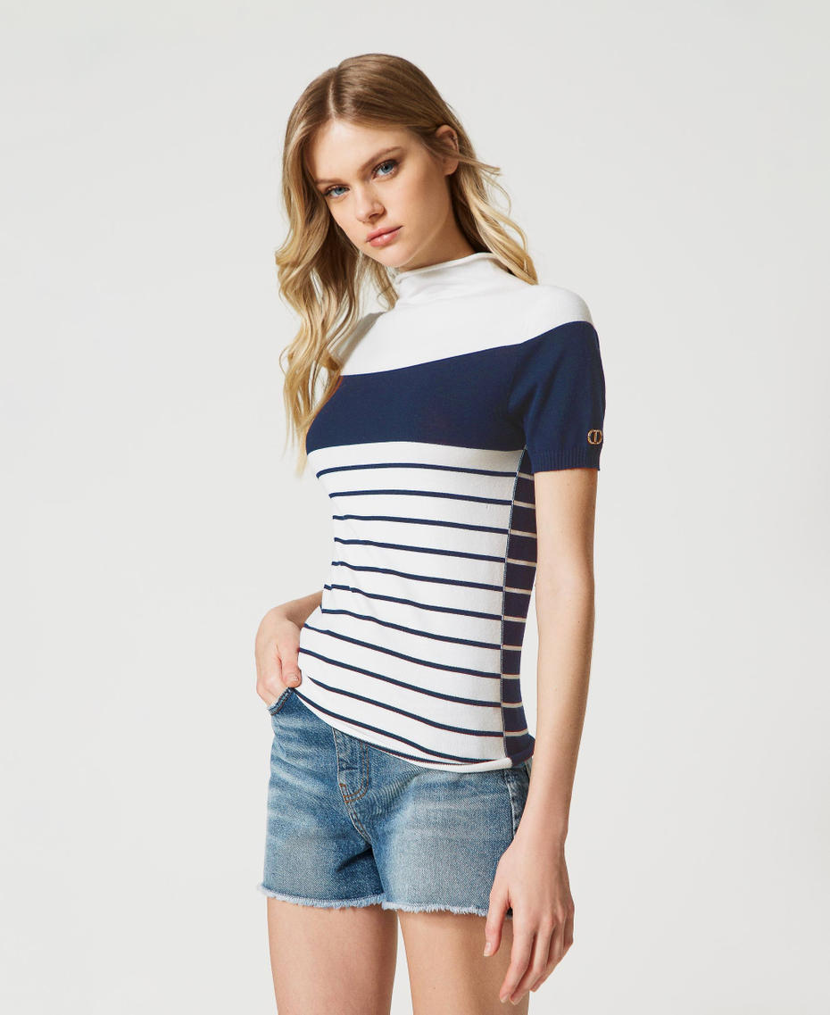 Seamless turtleneck jumper Two-tone “Snow” White / “Indigo” Blue Woman 231TP3190_05962_05