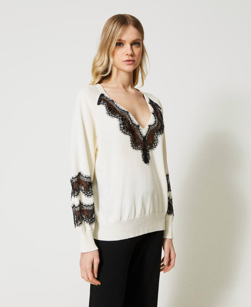 Maxi maglia con inserti in pizzo Bicolor Bianco "Neve" / Nero Donna 231TP3230_03711_02