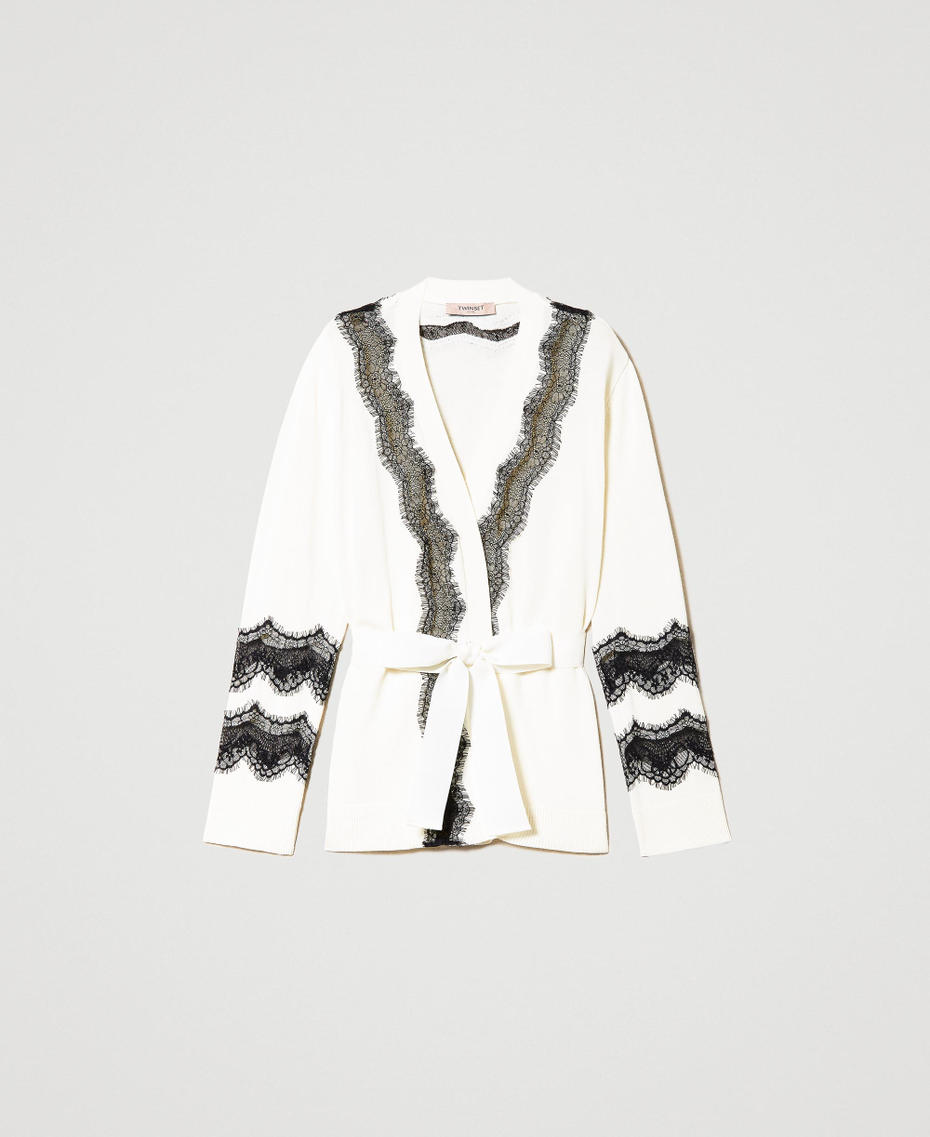 Cardigan con inserti in pizzo Bicolor Bianco "Neve" / Nero Donna 231TP3232_03711_S0