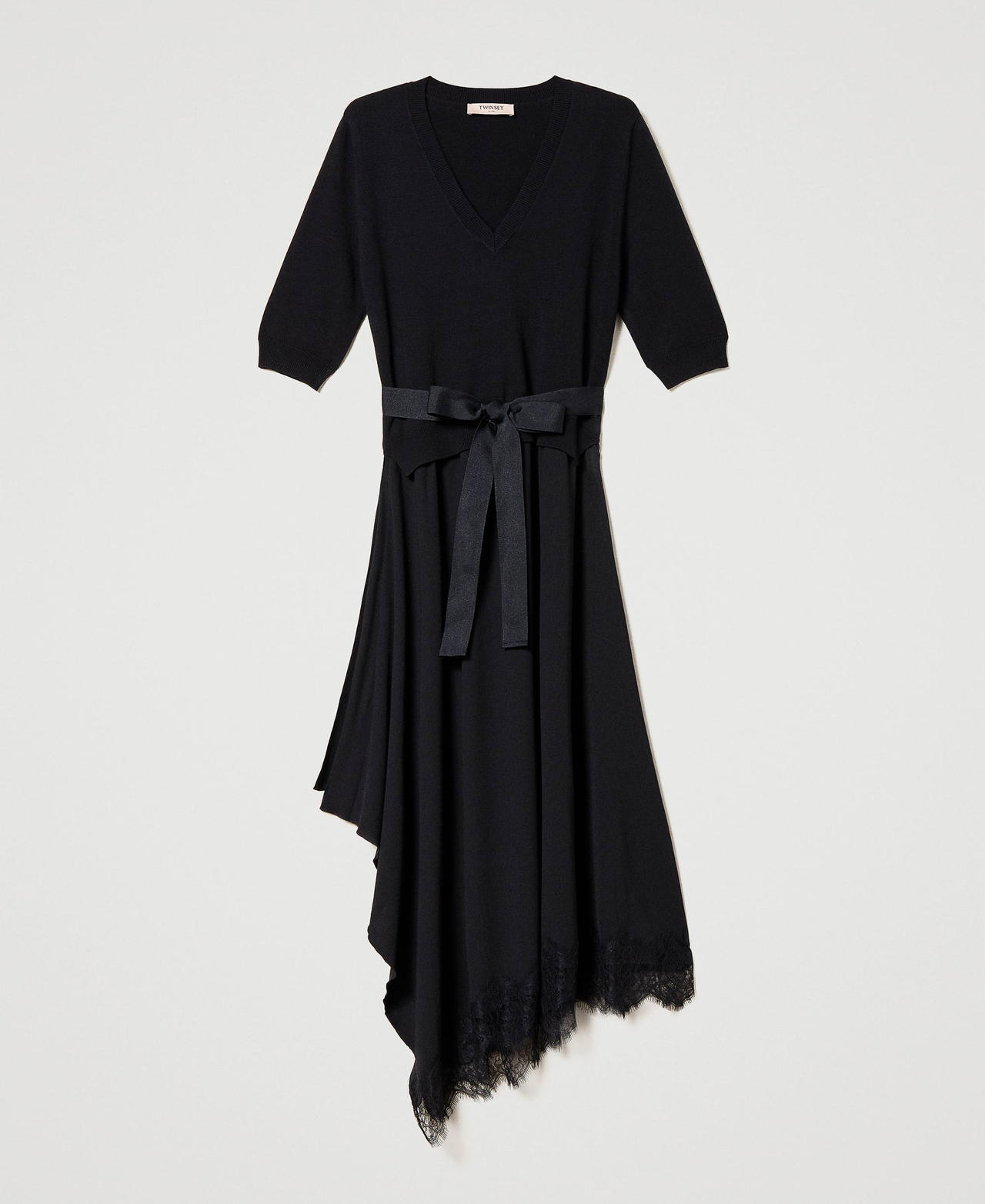 Robe longue en maille et crêpe de Chine