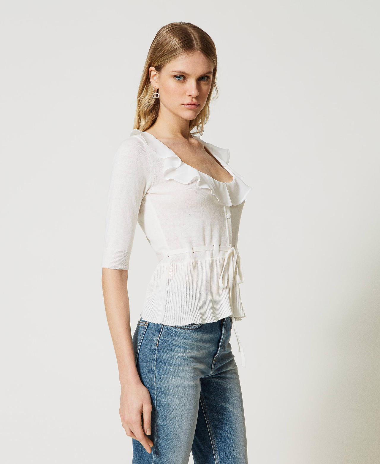 Cardigan with ruffles and drawstring White Snow Woman 231TP3261_00282_02