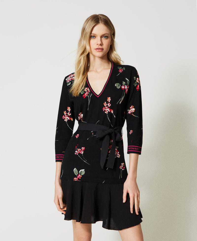 Knit floral dress with jacquard logo Black / Multicolour Bouquet Print Woman 231TP3333-01