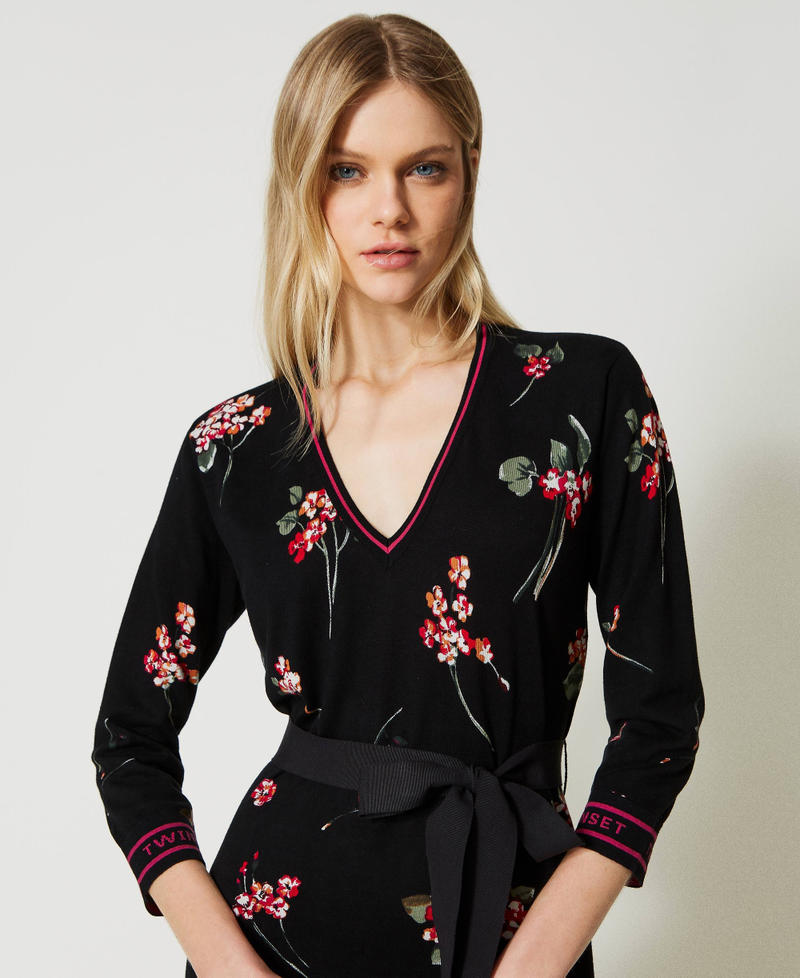 Knit floral dress with jacquard logo Black / Multicolour Bouquet Print Woman 231TP3333-04