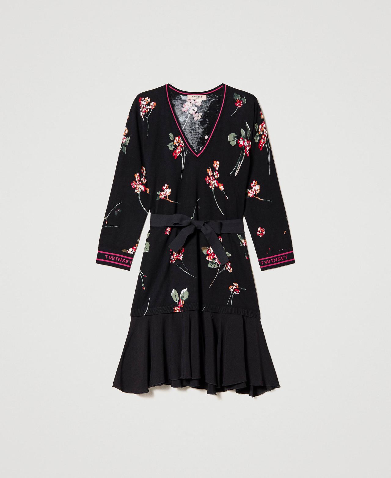 Knit floral dress with jacquard logo Woman Black TWINSET Milano