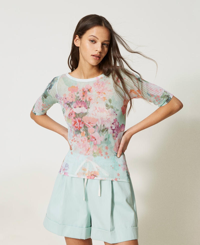 Gerippter Pullover mit Blumenprint