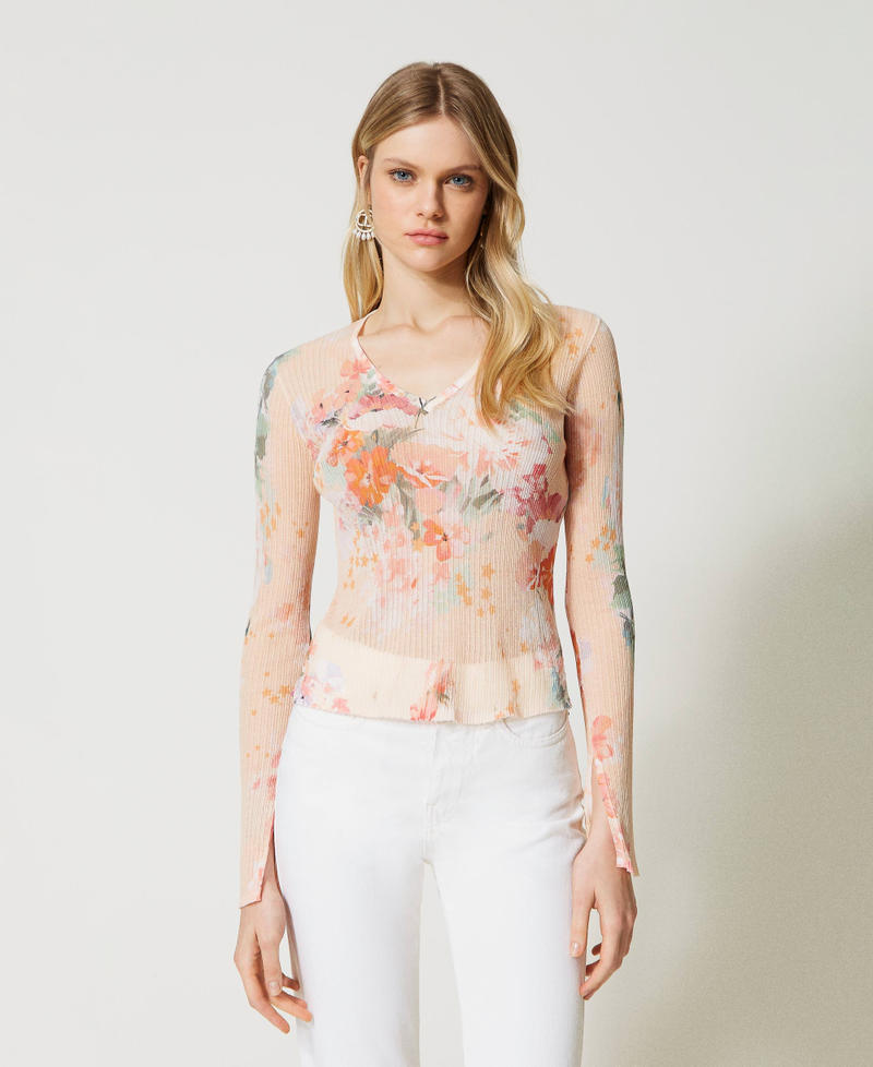 Ribbed jumper with print and V neck