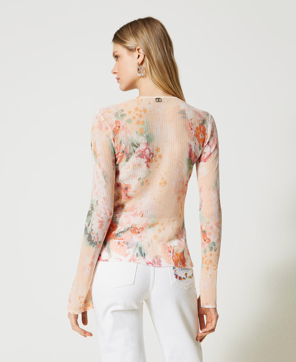 Jersey acanalado con estampado y escote de pico