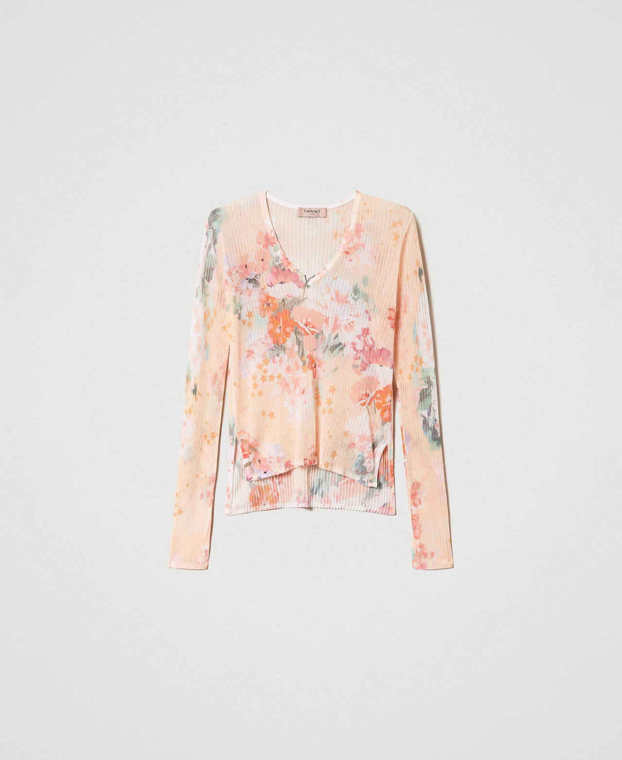 Jersey acanalado con estampado y escote de pico