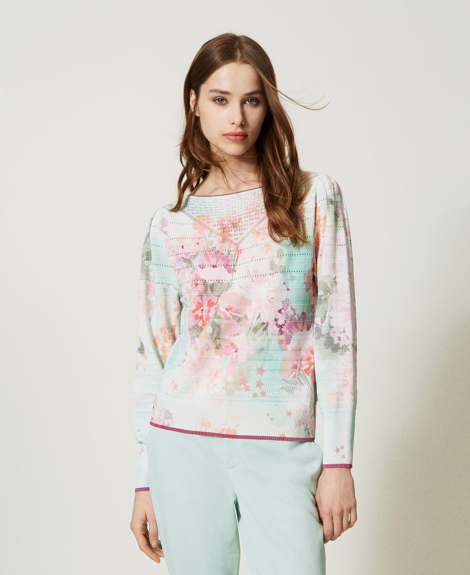 Pullover mit Blumenprint Blumenprint Azalee / Agavengrün Frau 231TP3361_10539_01