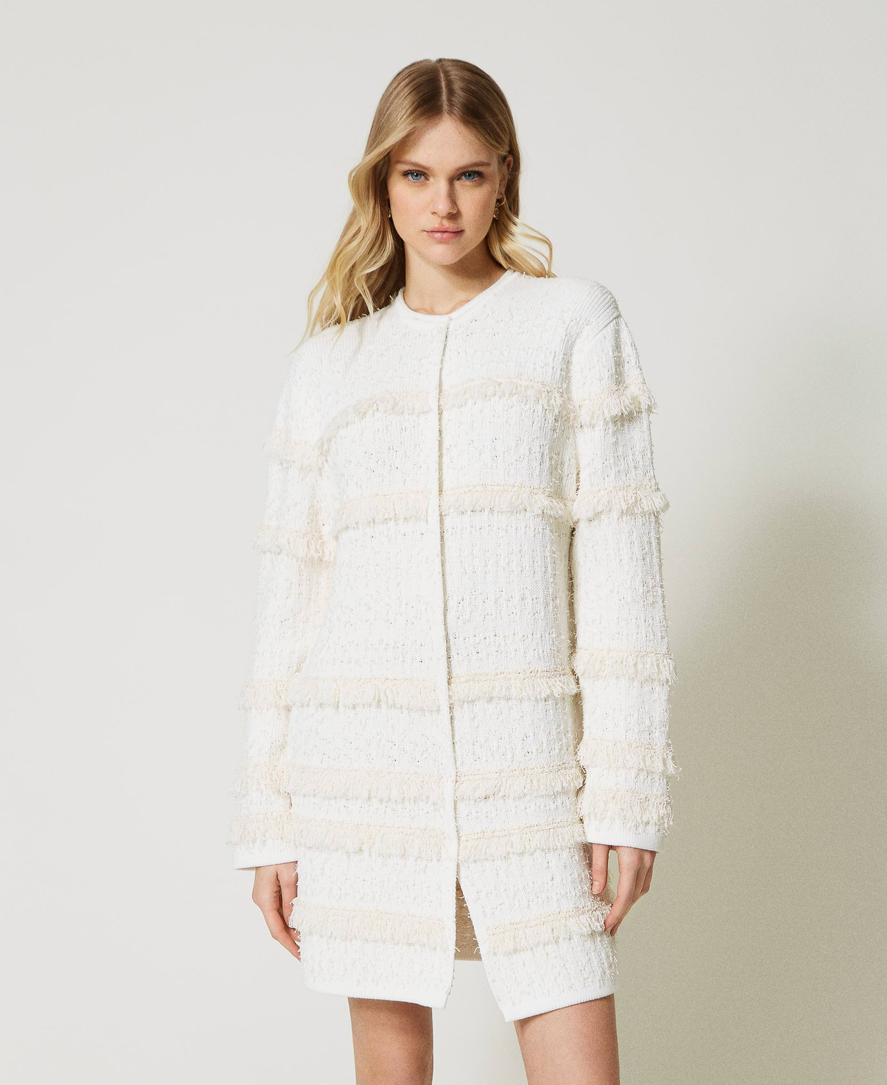 CHIC STAR Cappotto Lungo Dritto Da Donna In Tessuto Bouclé Tweed, Monopetto Con Bottoni, Tasche Laterali, Fodera Interna, Taglie S E Forte, Lunghezza 120/129 Cm