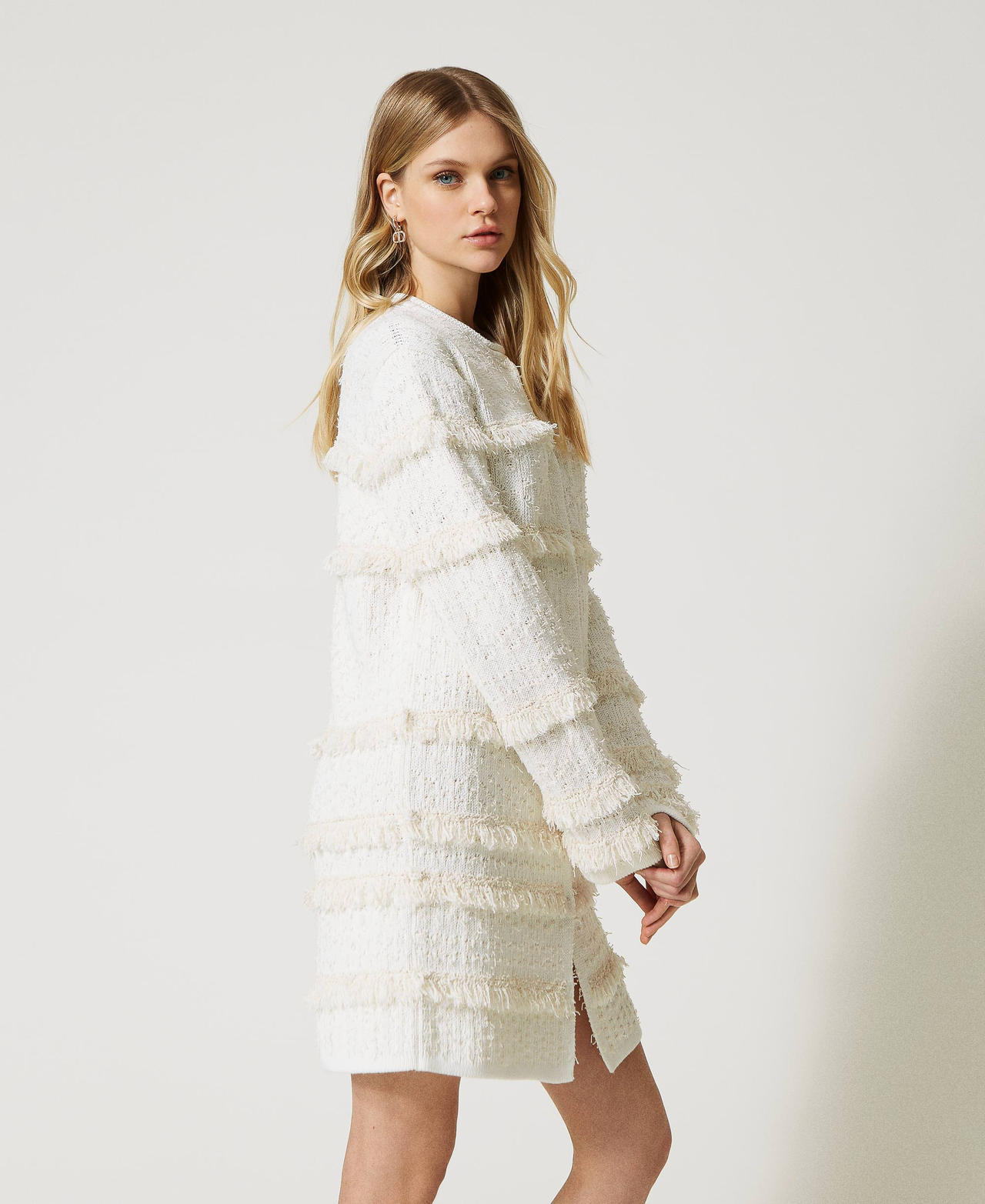 Bouclé jacquard knit coat White Snow Woman 231TP3430-03