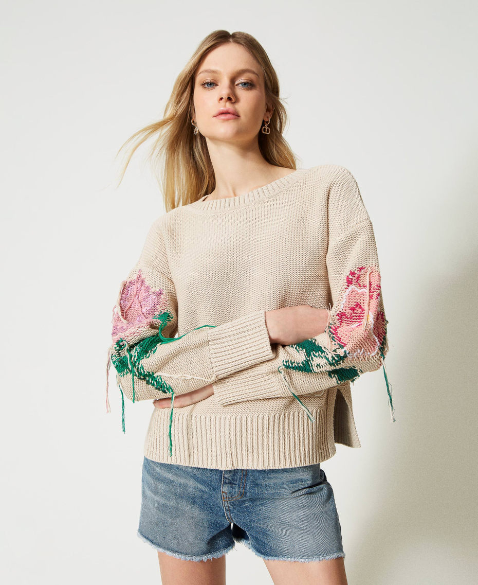 Pull double usage avec fleurs incrustées Beige « Chanvre Clair » Femme 231TP3461_10315_01