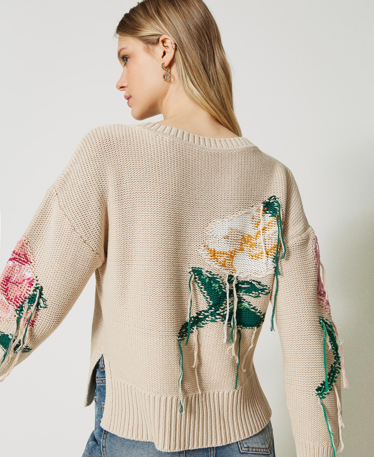 Pull double usage avec fleurs incrustées Beige « Chanvre Clair » Femme 231TP3461_10315_02