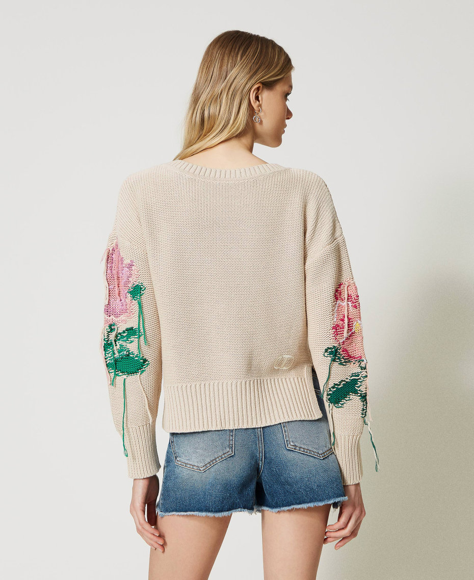 Pull double usage avec fleurs incrustées Beige « Chanvre Clair » Femme 231TP3461_10315_03