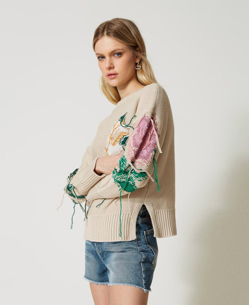 Pull double usage avec fleurs incrustées Beige « Chanvre Clair » Femme 231TP3461_10315_04