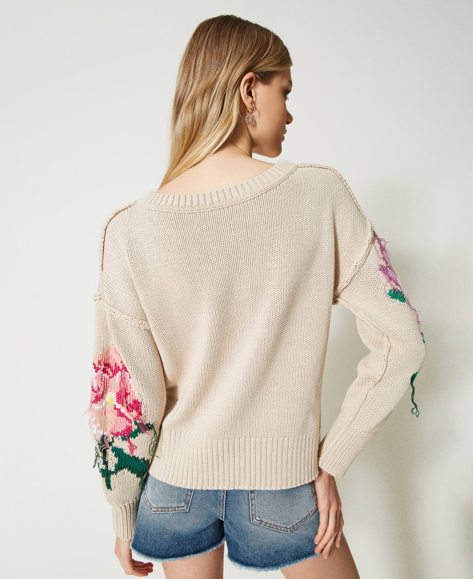 Pull double usage avec fleurs incrustées Beige « Chanvre Clair » Femme 231TP3461_10315_07
