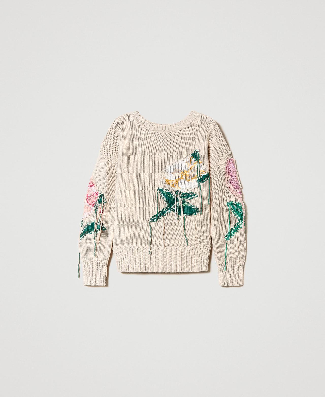 Pull double usage avec fleurs incrustées Beige « Chanvre Clair » Femme 231TP3461_10315_0S
