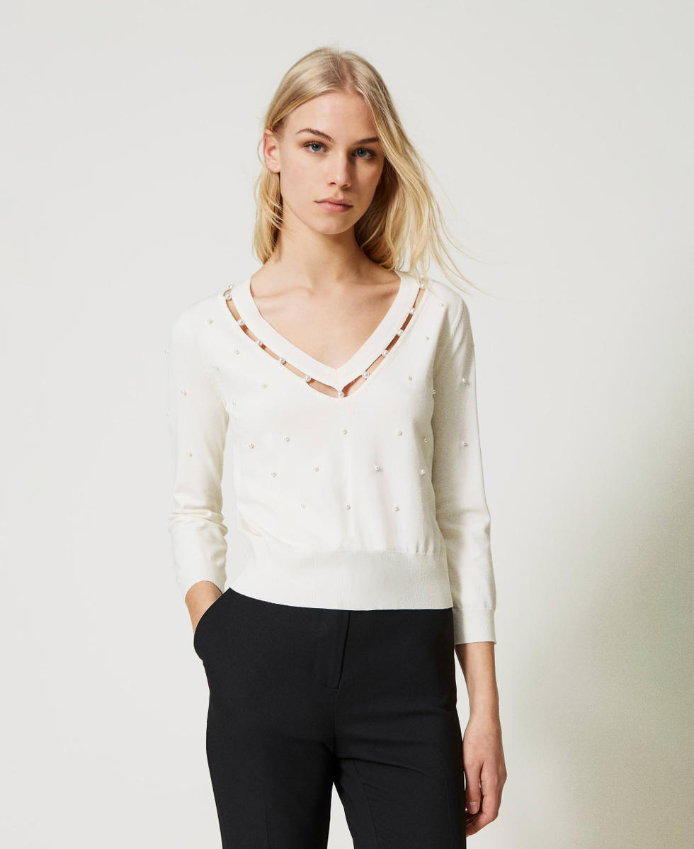 Jumper with hand embroidered pearls Woman White TWINSET Milano