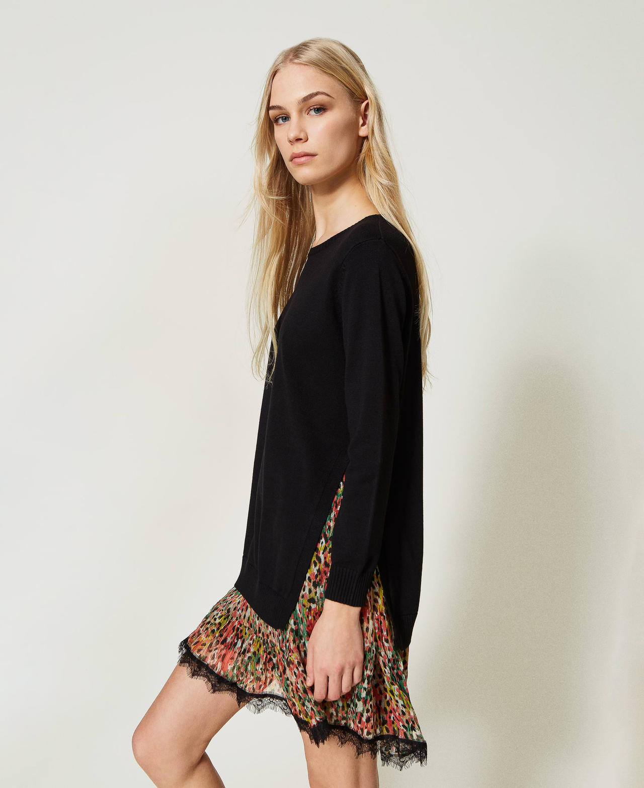 Robe en maille et crépon imprimé Noir/Imprimé Coloré Animalier Femme 231TP3524_10578_02