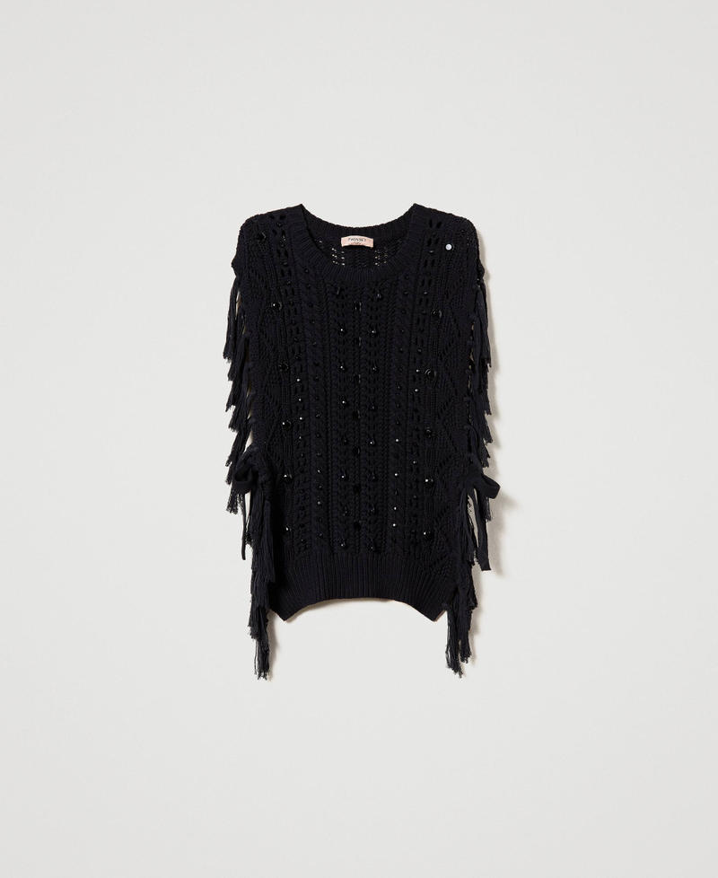Poncho jumper with handmade embroidery Black Woman 231TP3531-0S