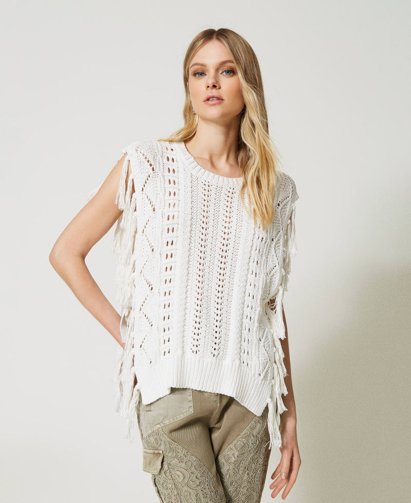 Poncho jumper with handmade embroidery Antique White Woman 231TP3531_00245_01