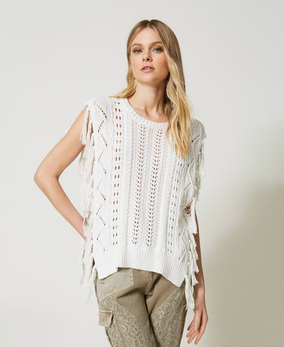 Poncho jumper with handmade embroidery Antique White Woman 231TP3531_00245_01