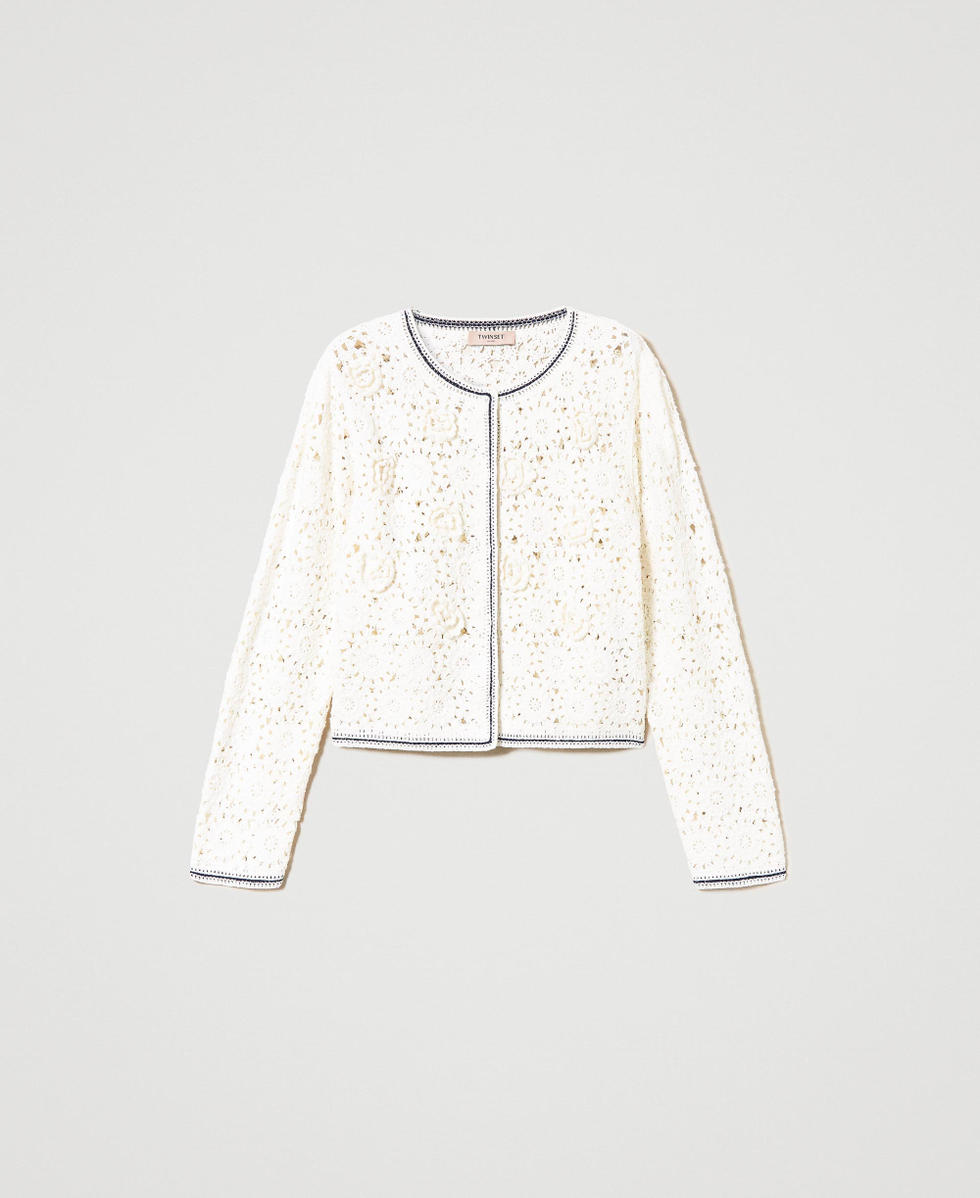 Crochet jacket with handmade embroidery Woman, White