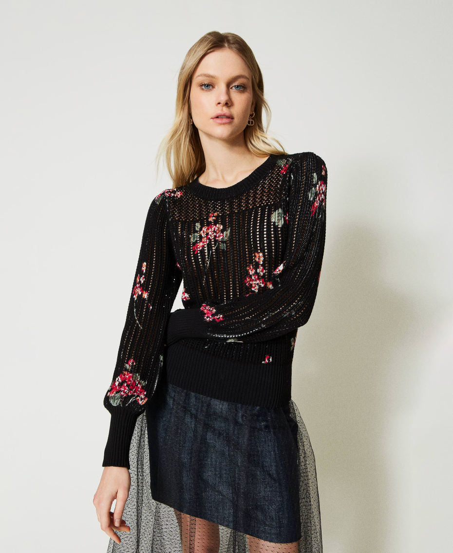 Mesh jumper with floral print Black / Multicolour Bouquet Print Woman 231TP3580-01