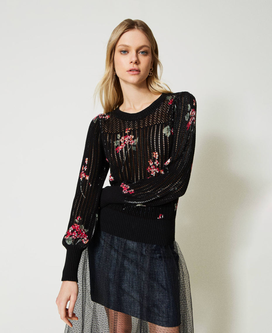 Pullover mit Mesh und Blumenprint Bouquetprint Schwarz / Multicolor Frau 231TP3580_10428_01