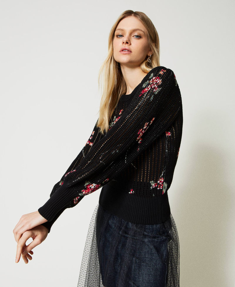 Pullover mit Mesh und Blumenprint Bouquetprint Schwarz / Multicolor Frau 231TP3580_10428_02