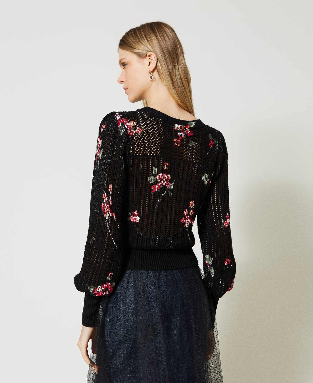 Mesh jumper with floral print Black / Multicolour Bouquet Print Woman 231TP3580-03