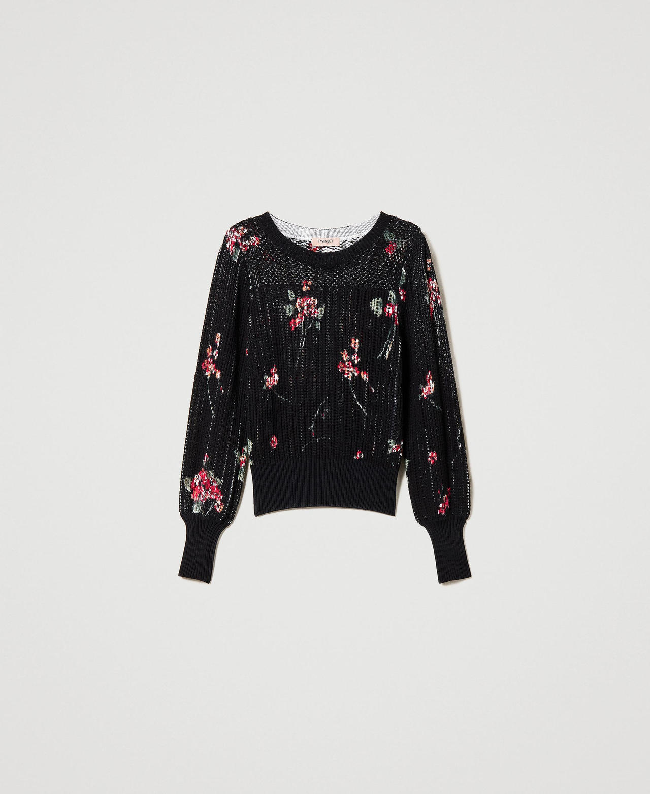 Pullover mit Mesh und Blumenprint Bouquetprint Schwarz / Multicolor Frau 231TP3580_10428_0S