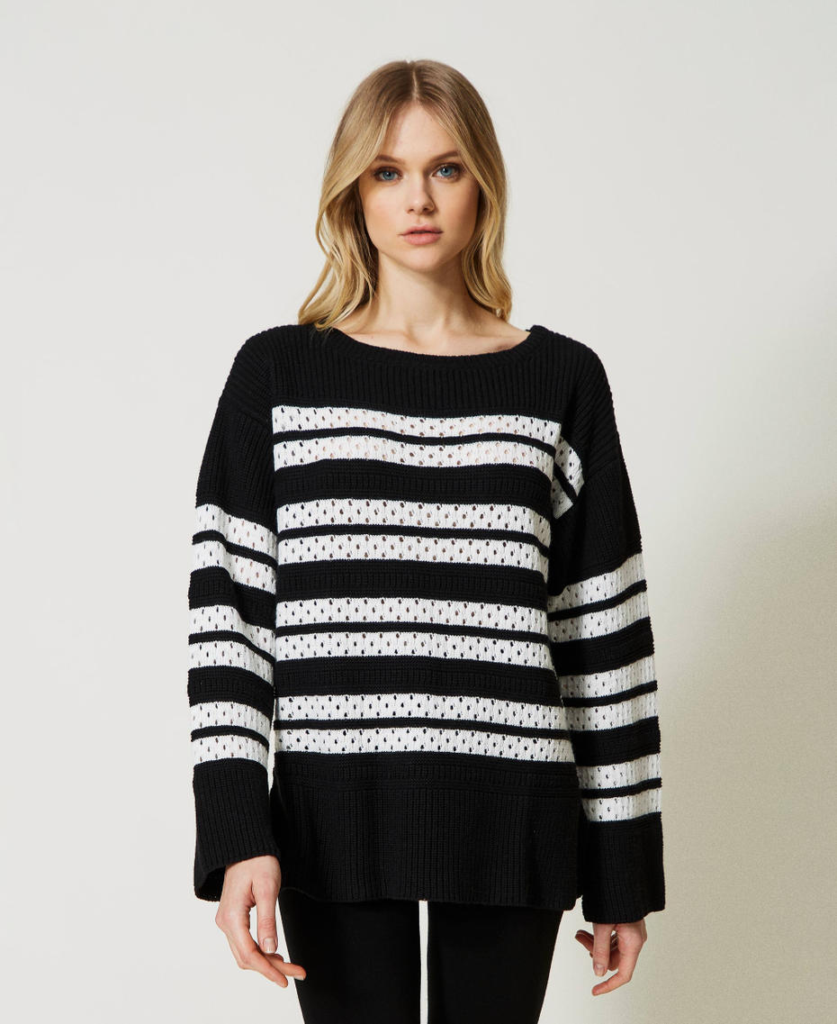 Maxi maglia in filato Treecot Bicolor Nero / Antique White Donna 231TP3591_05057_01