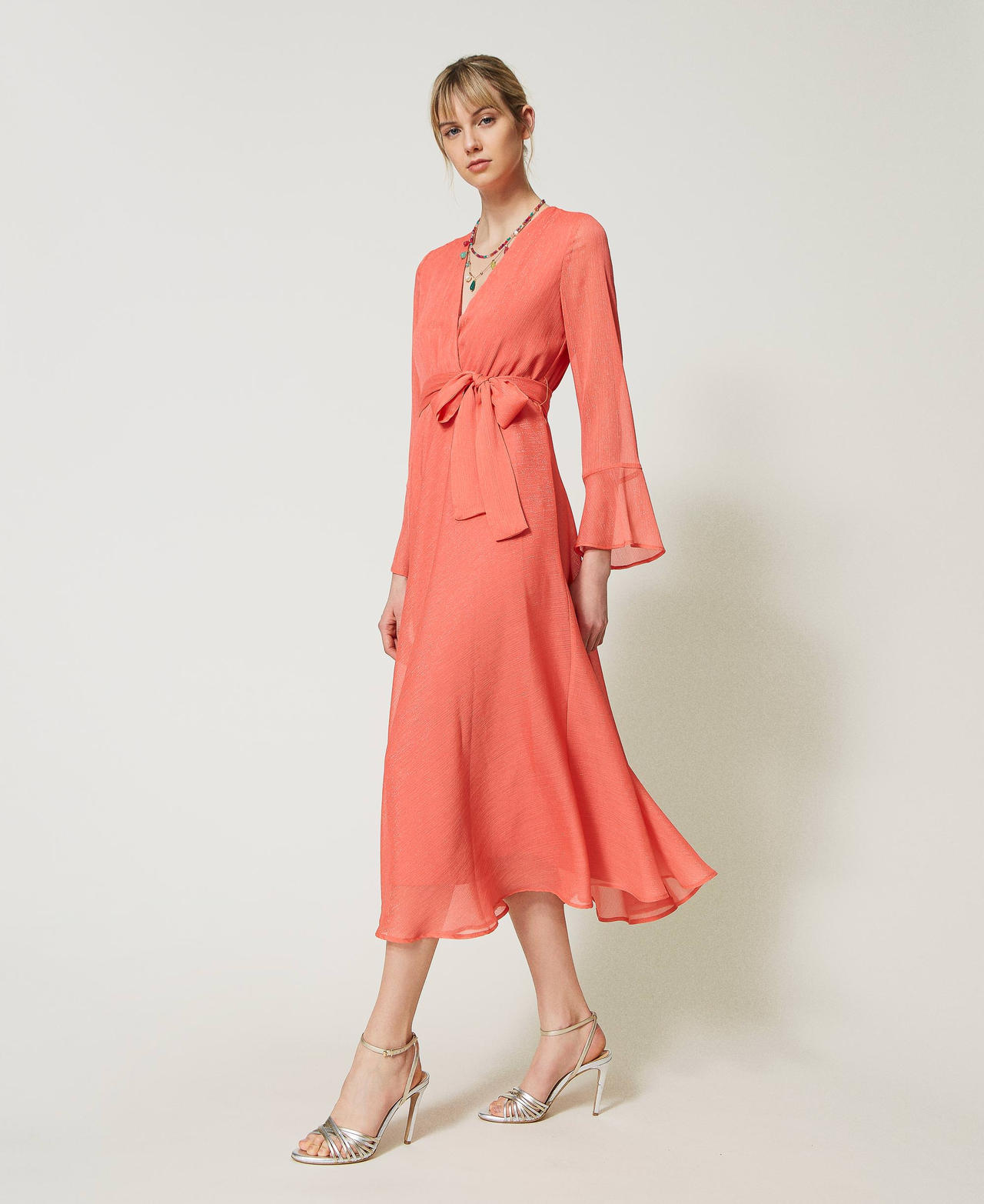 Long lurex creponne dress "Lip Gloss” Pink Woman 231TQ2071-02