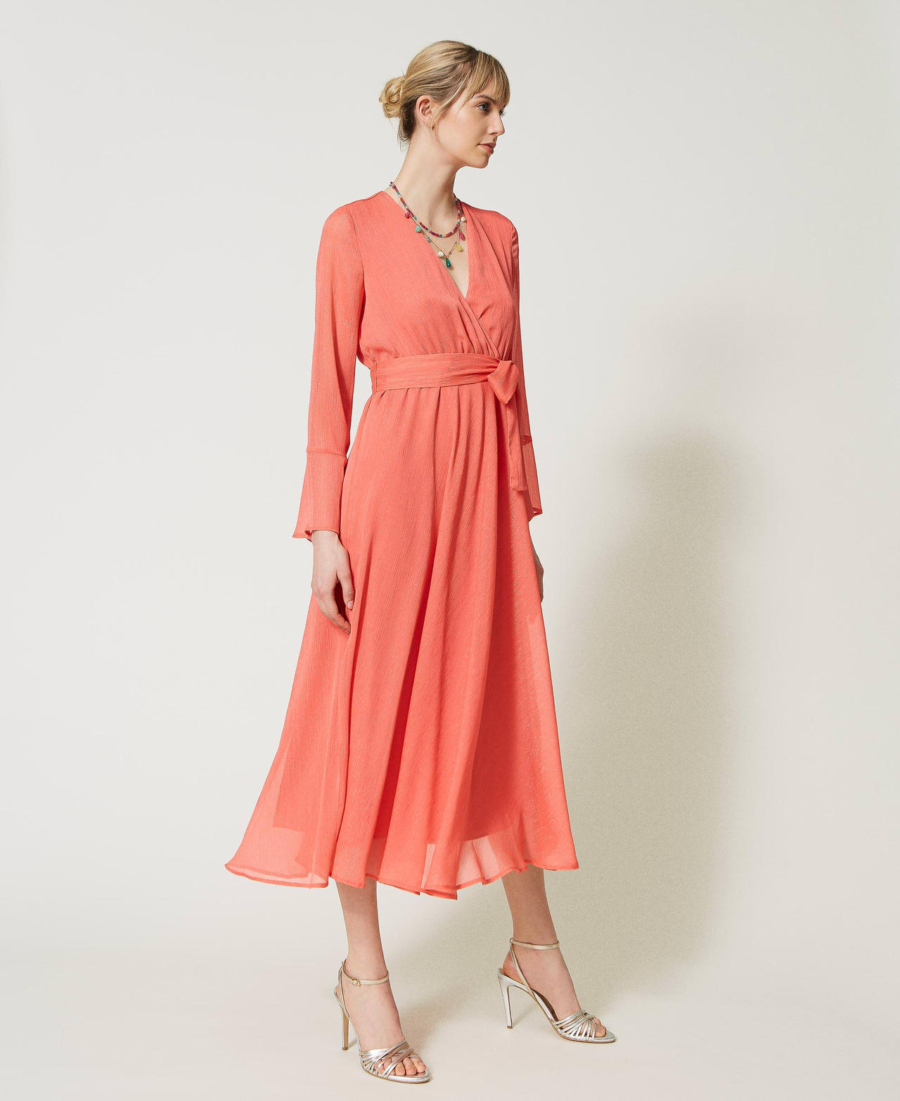 Длинное платье из креп-шифона с люрексом Розовый "Блеск для губ" женщина 231TQ2071-03