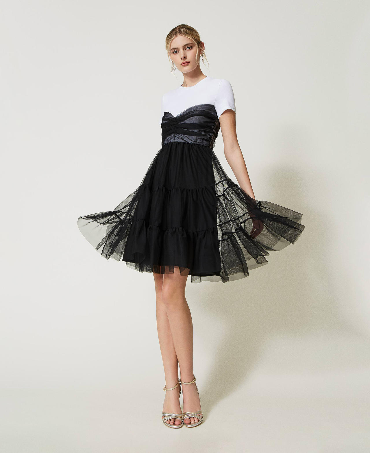 Short jersey and tulle dress Woman, Black | TWINSET Milano