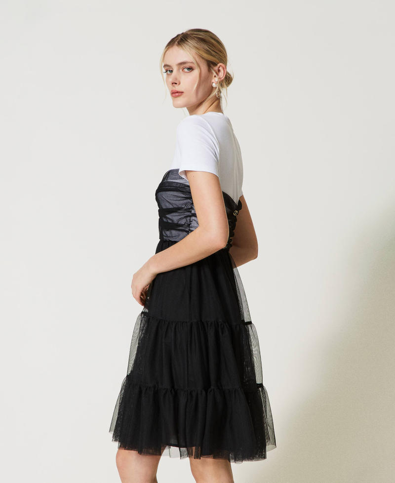 Short jersey and tulle dress Two-tone Black / Optical White Woman 231TQ2080-03