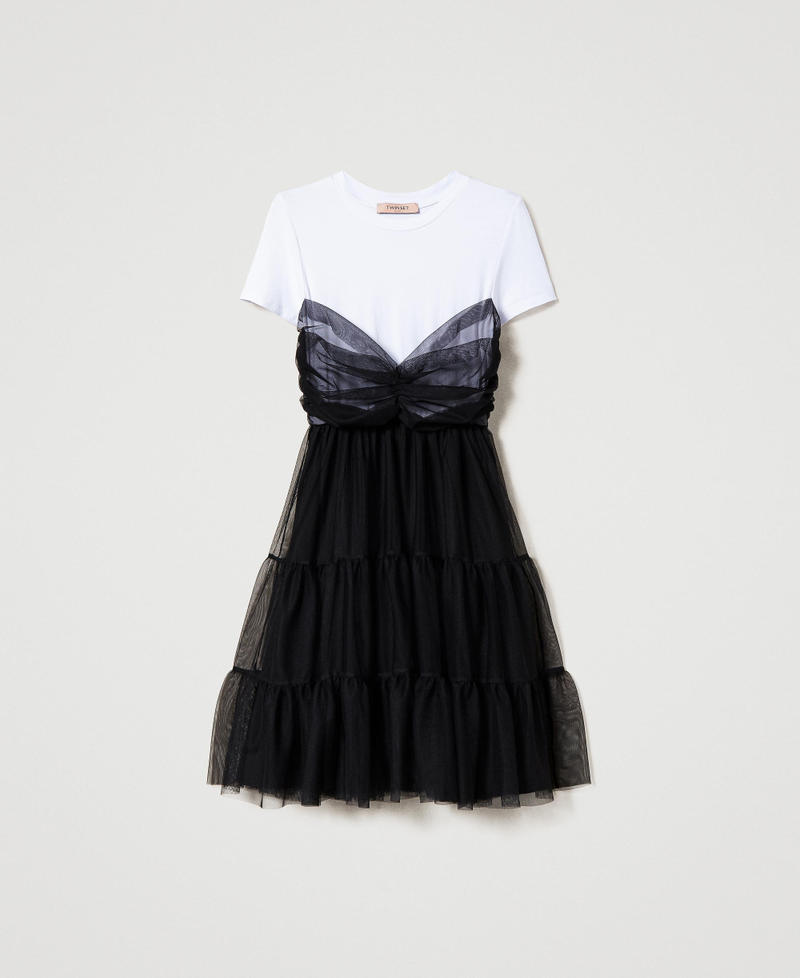 Kurzes Kleid aus Jersey und Tüll Zweifarbig Schwarz / Optisches Weiß Frau 231TQ2080-0S