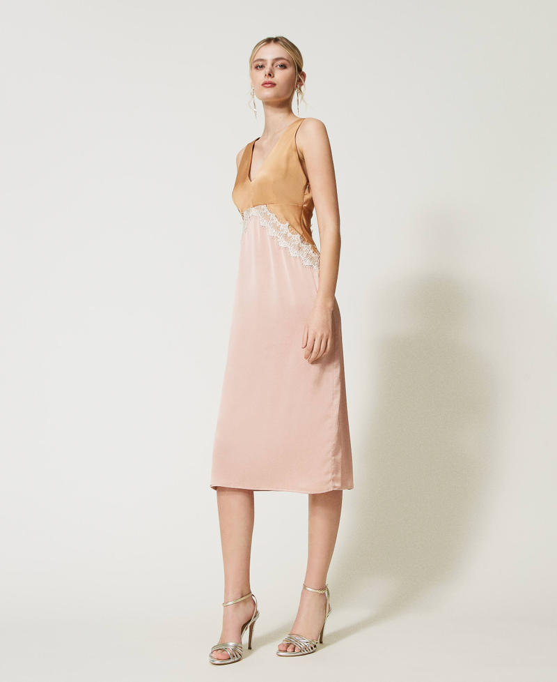 Satin and lace sleeveless midi dress Two-tone “Desert” Beige / Blush Woman 231TQ2090-02