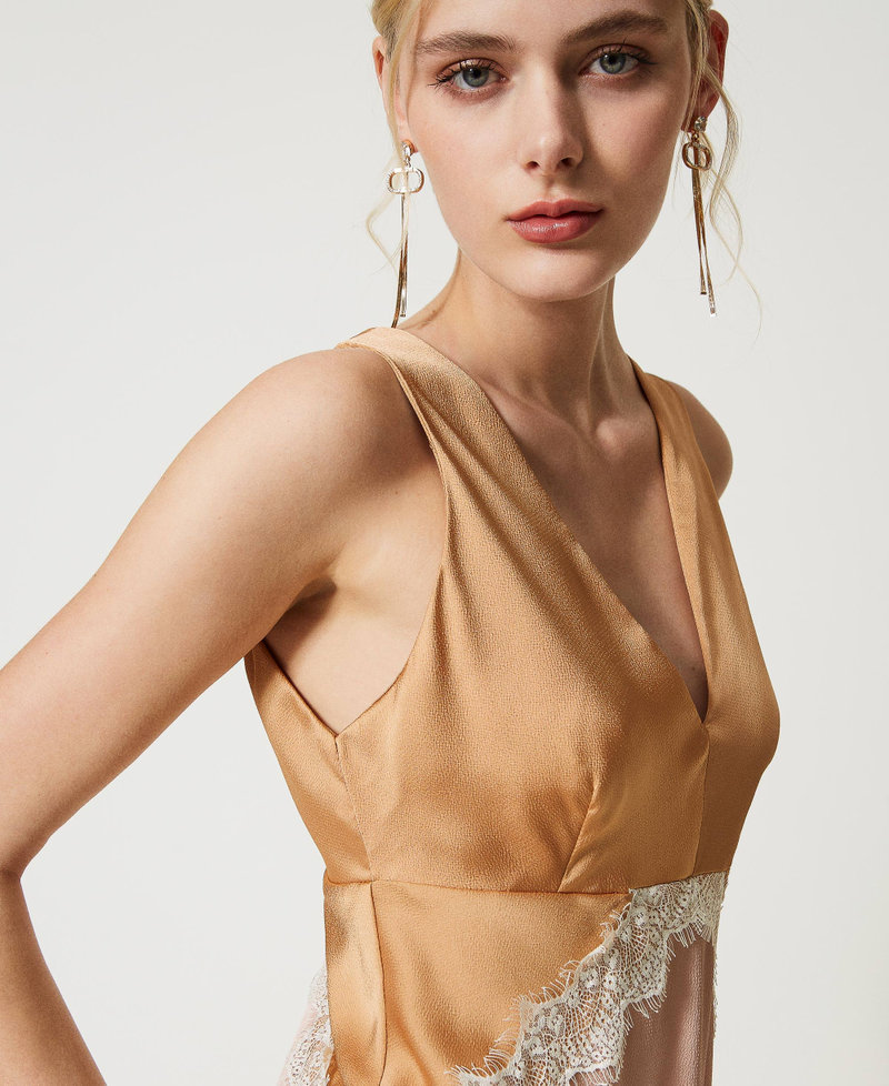 Satin and lace sleeveless midi dress Two-tone “Desert” Beige / Blush Woman 231TQ2090-05