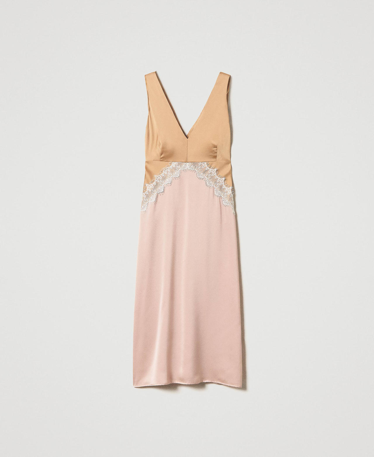 Satin and lace sleeveless midi dress Two-tone “Desert” Beige / Blush Woman 231TQ2090-0S