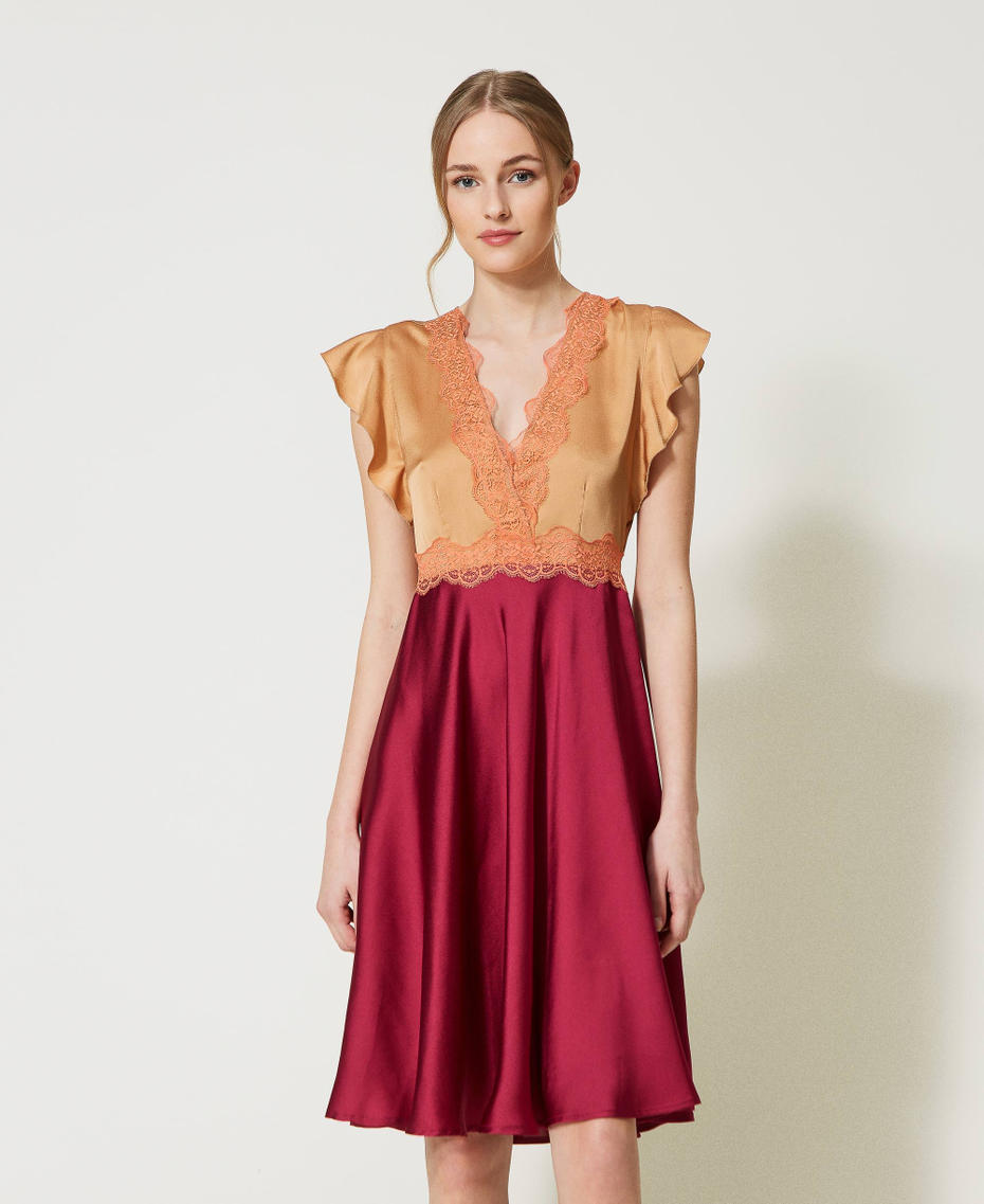Midi satin and lace dress Two-tone “Desert” Beige / Grape Woman 231TQ2094-01