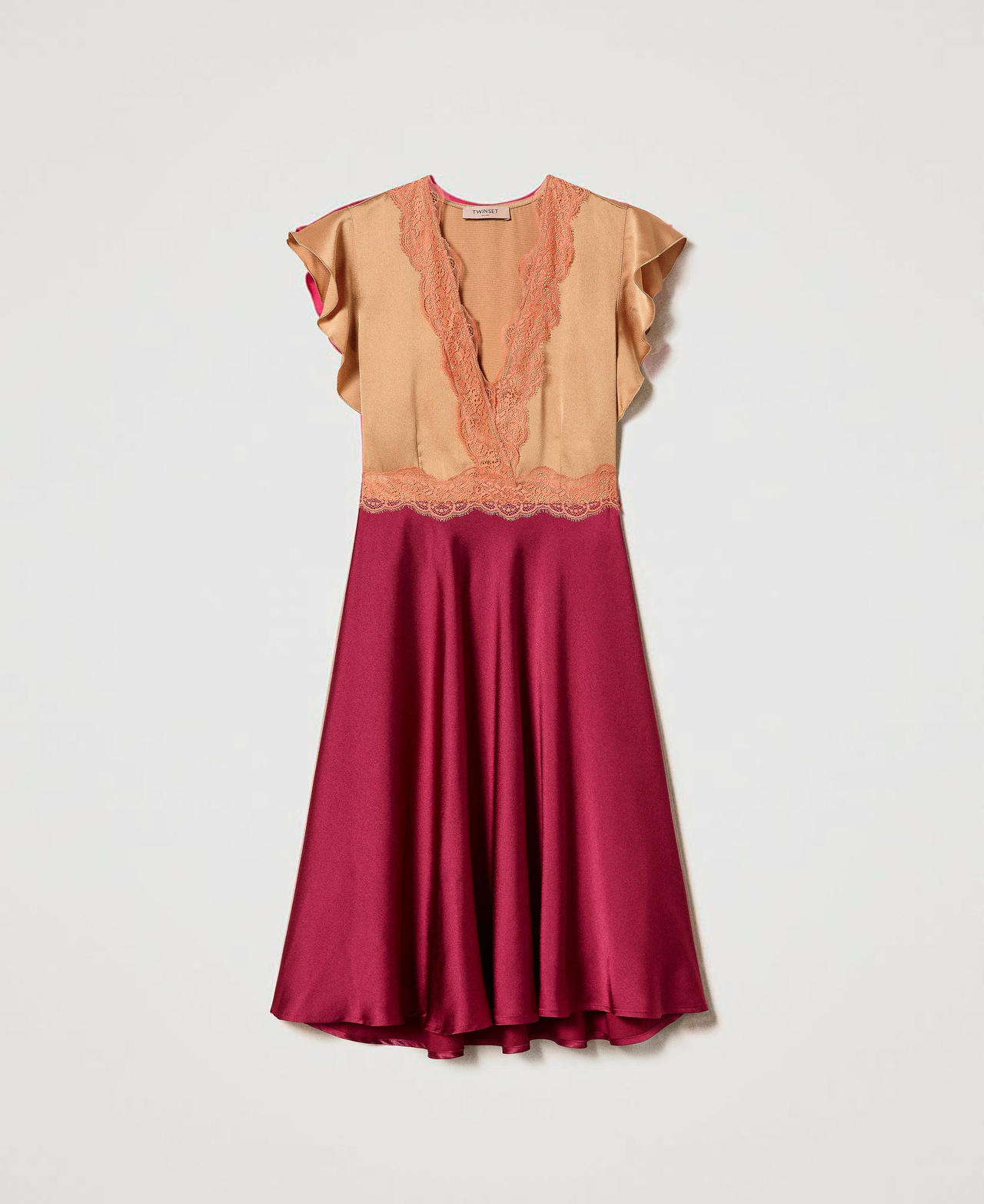 Abito longuette in raso e pizzo Donna Rosso TWINSET Milano