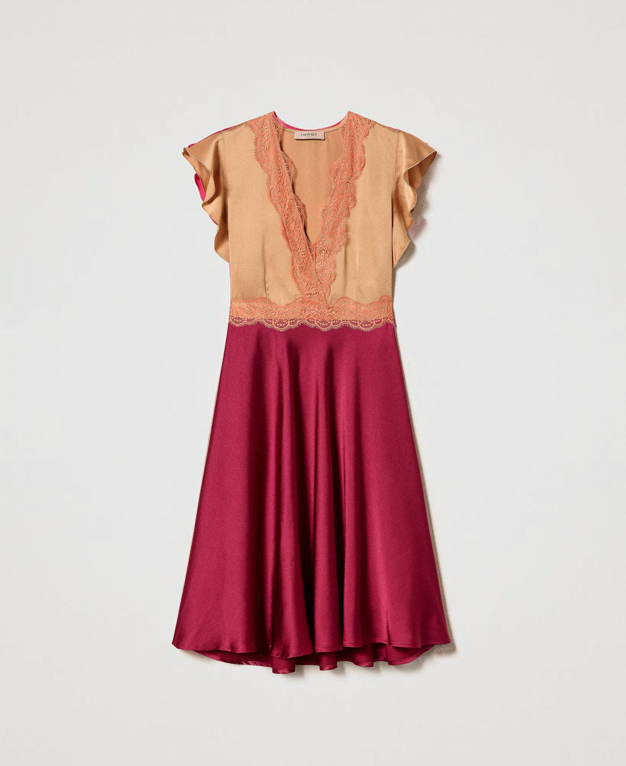 Midi satin and lace dress Two-tone “Desert” Beige / Grape Woman 231TQ2094-0S