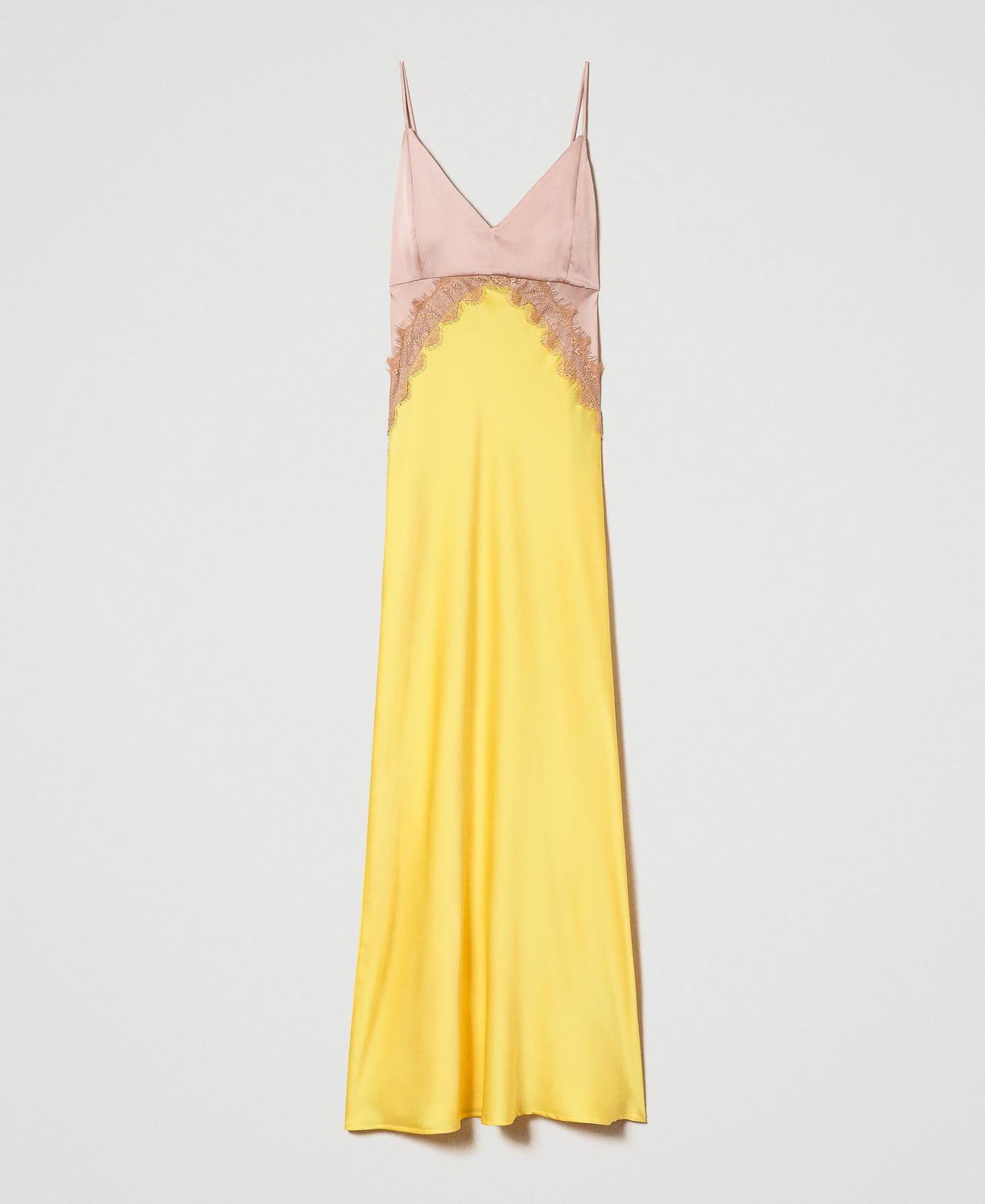 Длинное платье из атласа и кружева Двухцветный Розовый Румяный / Желтый Солнце женщина 231TQ2098-0S