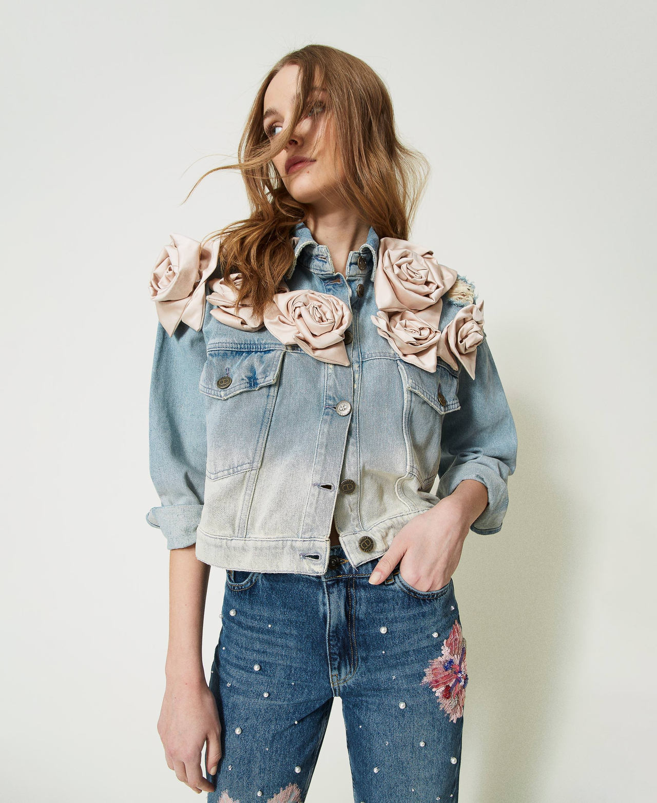 Baccarat Rose jacket made from fadeout denim with fabric flowers Woman Blue TWINSET Milano