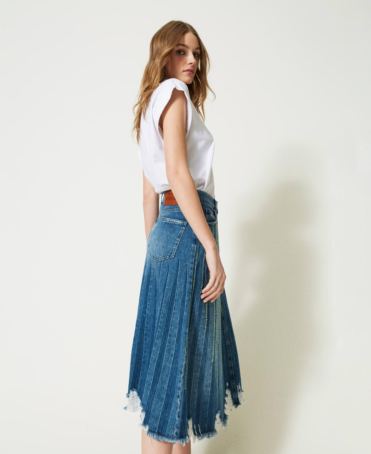 &rsquo;Viola&rsquo; denim skirt with handmade embroidery