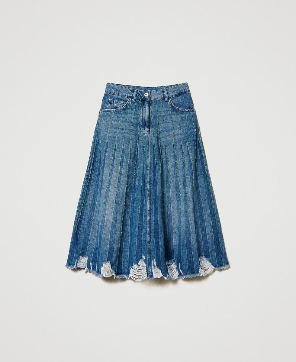 Viola' denim skirt with handmade embroidery Woman, Blue | TWINSET
