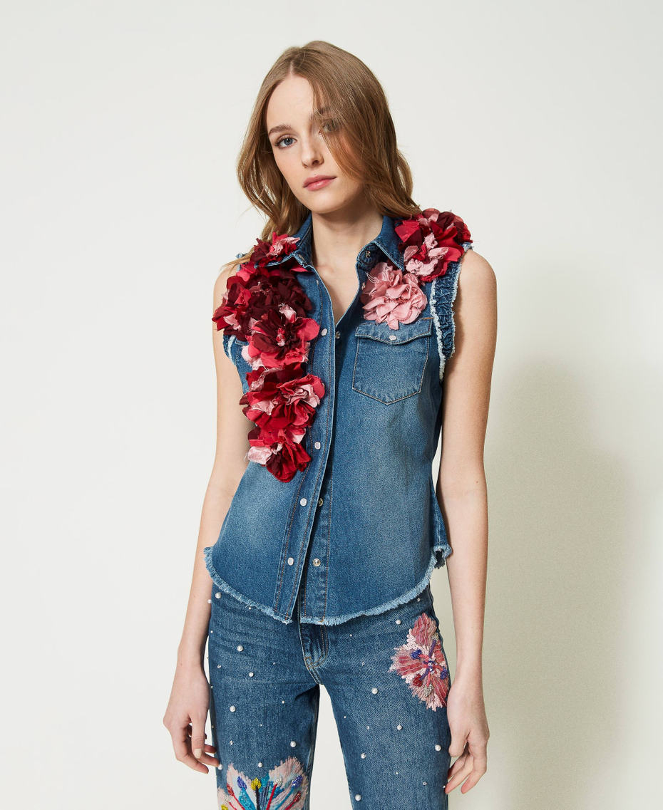 Chemise « Tea Rose » en jean avec fleurs en tissu Denim Bleu/Vichy Bleu Femme 231TQ2115-01