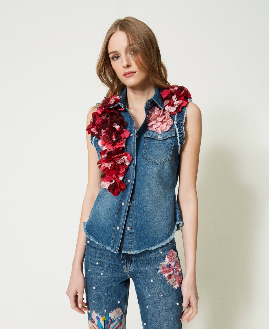 Camicia 'Tea Rose' in jeans con fiori in tessuto Denim Blue / Red Donna 231TQ2115_11327_01